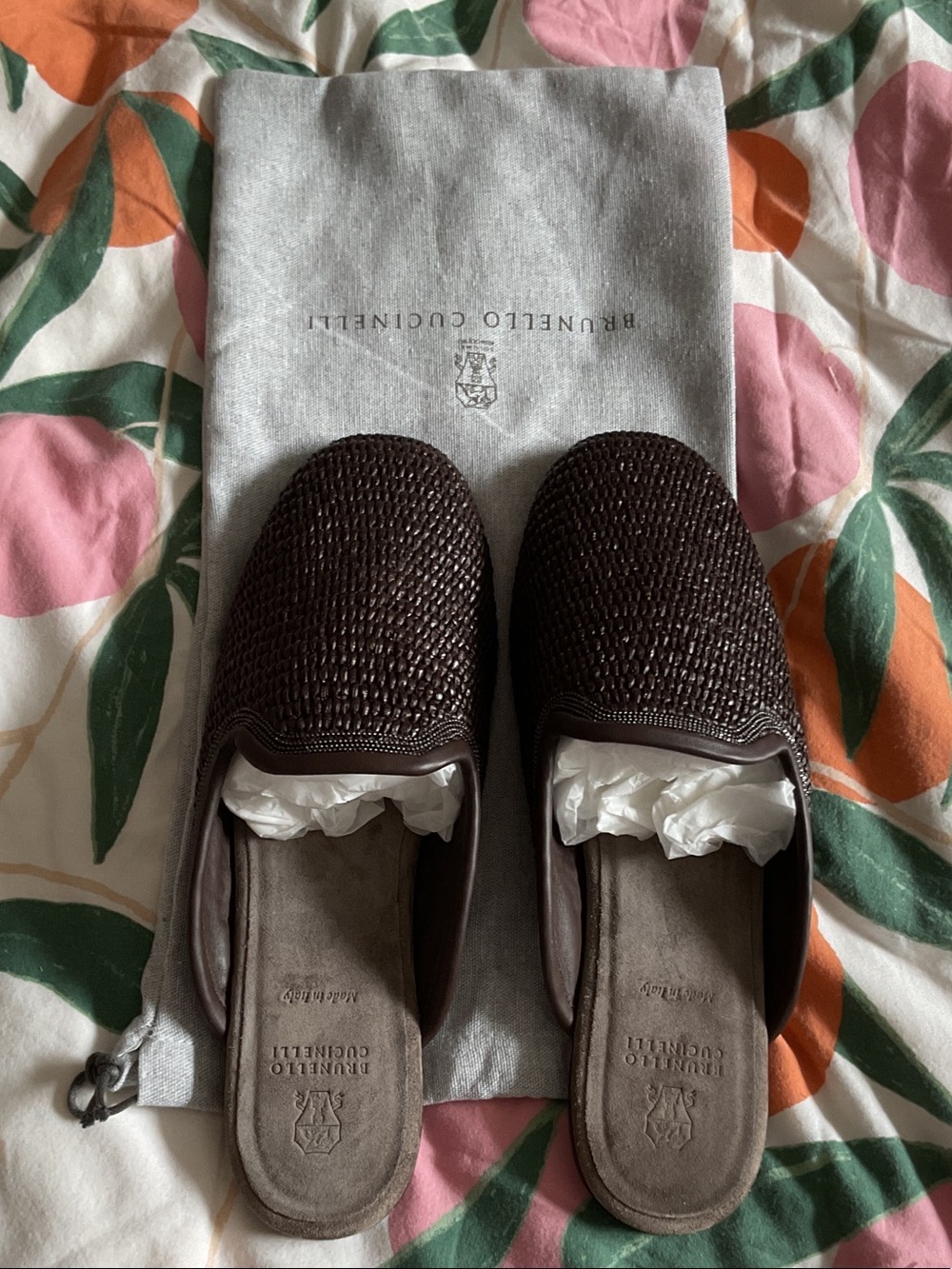 Brunello Cucinelli  Dark Brown Woven Leather Slip-On Mules